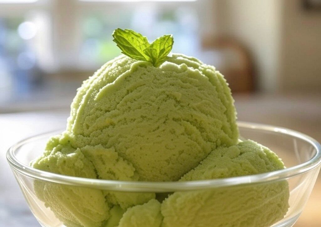 avocado ice cream with mint leaves in glass dish