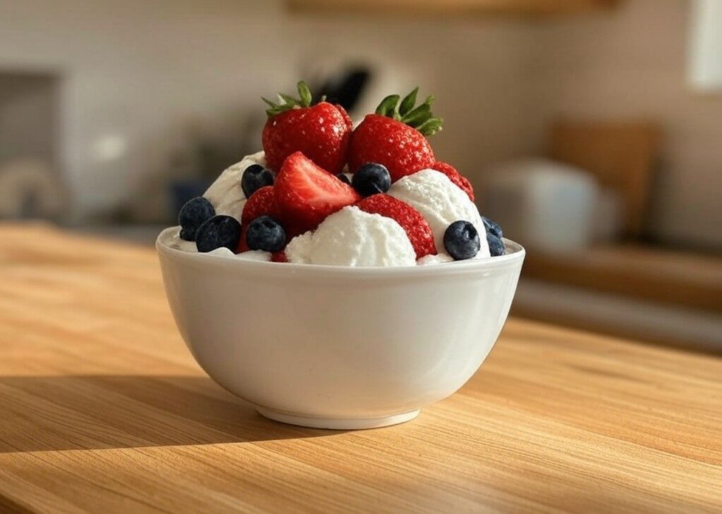 bowl of frozen yogurt scoops with berries on top in white bowl on wooden counter