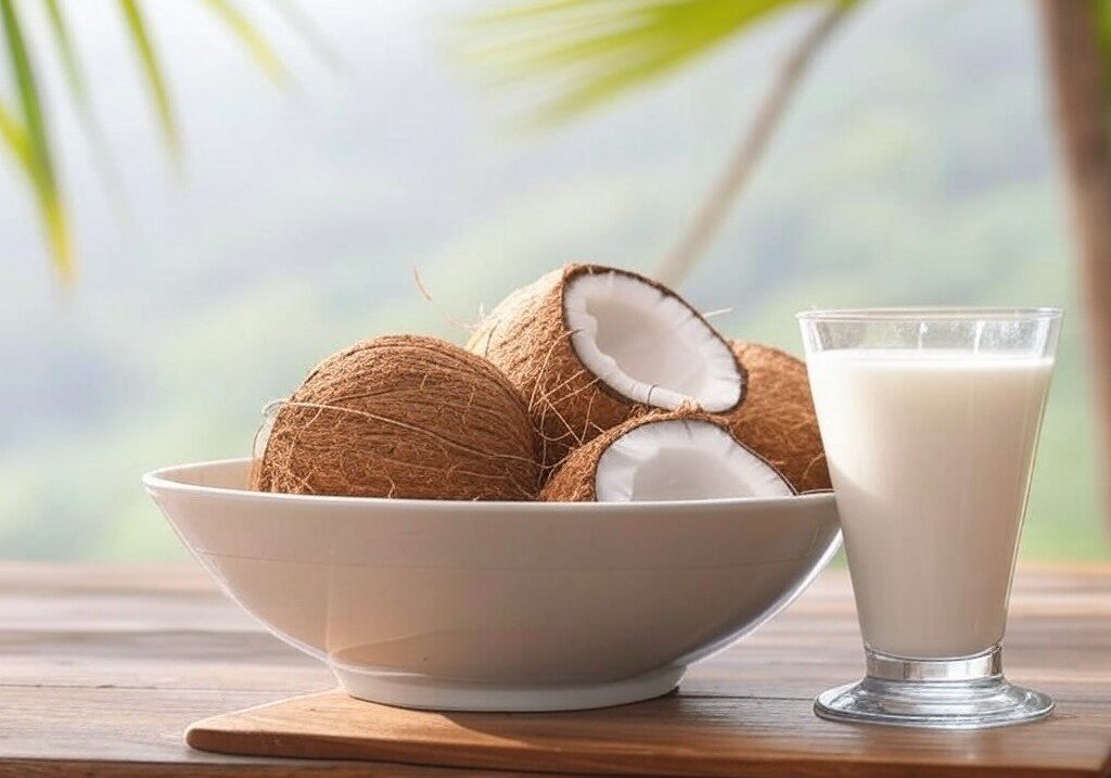 bowl of coconuts and a glass of coconut milk on wooden table with tropical background