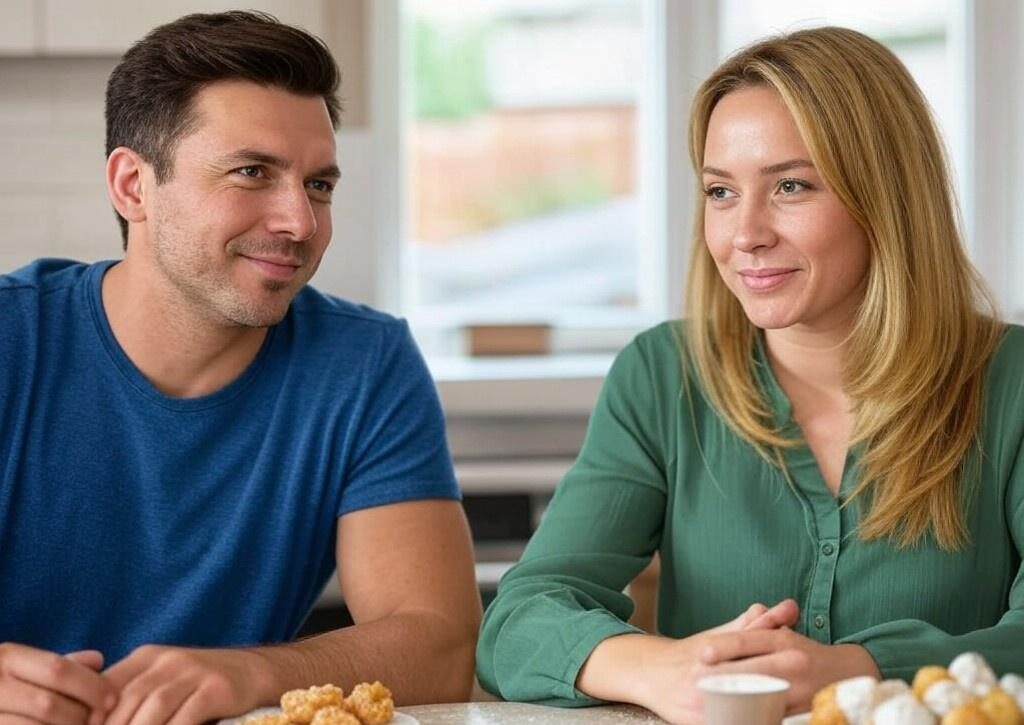 a man and woman sitting at a table with food