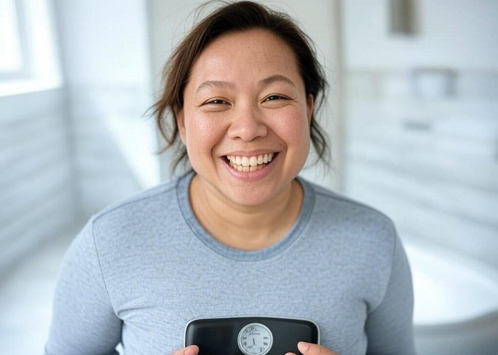 woman happy holding weight scale