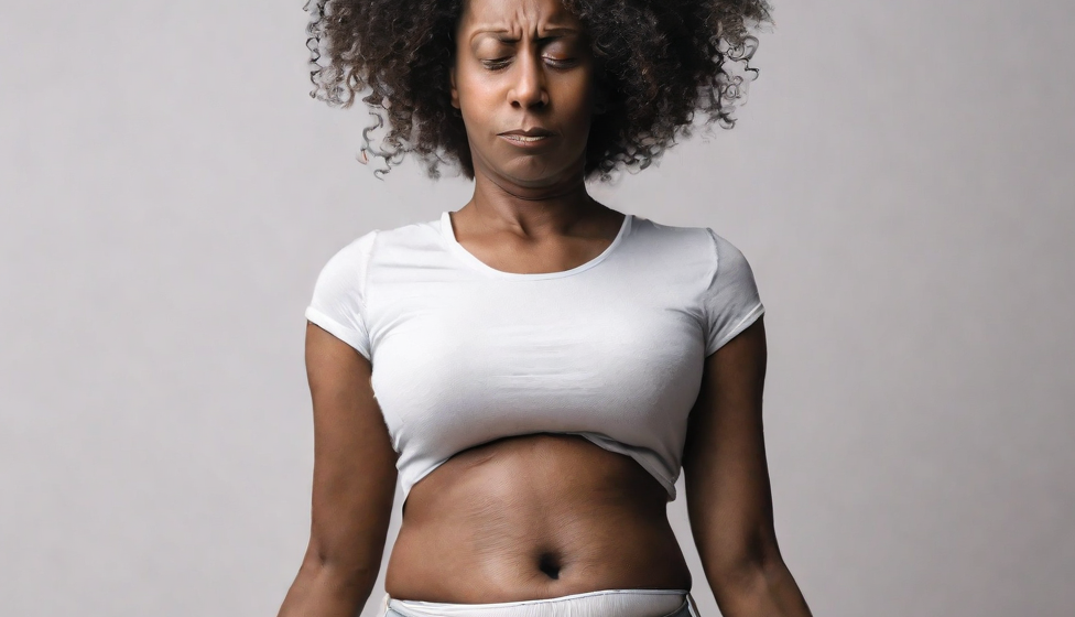 thin african american woman holding her stomach in discomfort