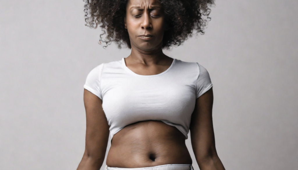 stressed unhealthy woman standing with eyes closed