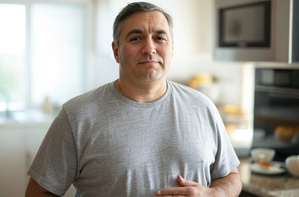 man in his kitchen holding his stomach