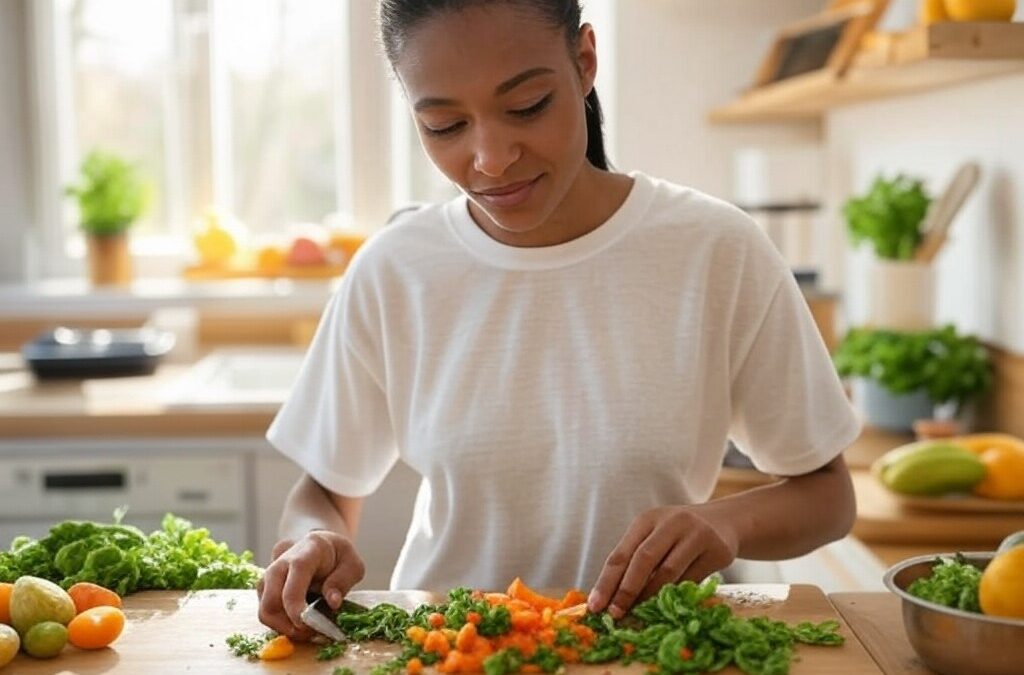 african american woman prepping fruits and vegetables in her kitchen