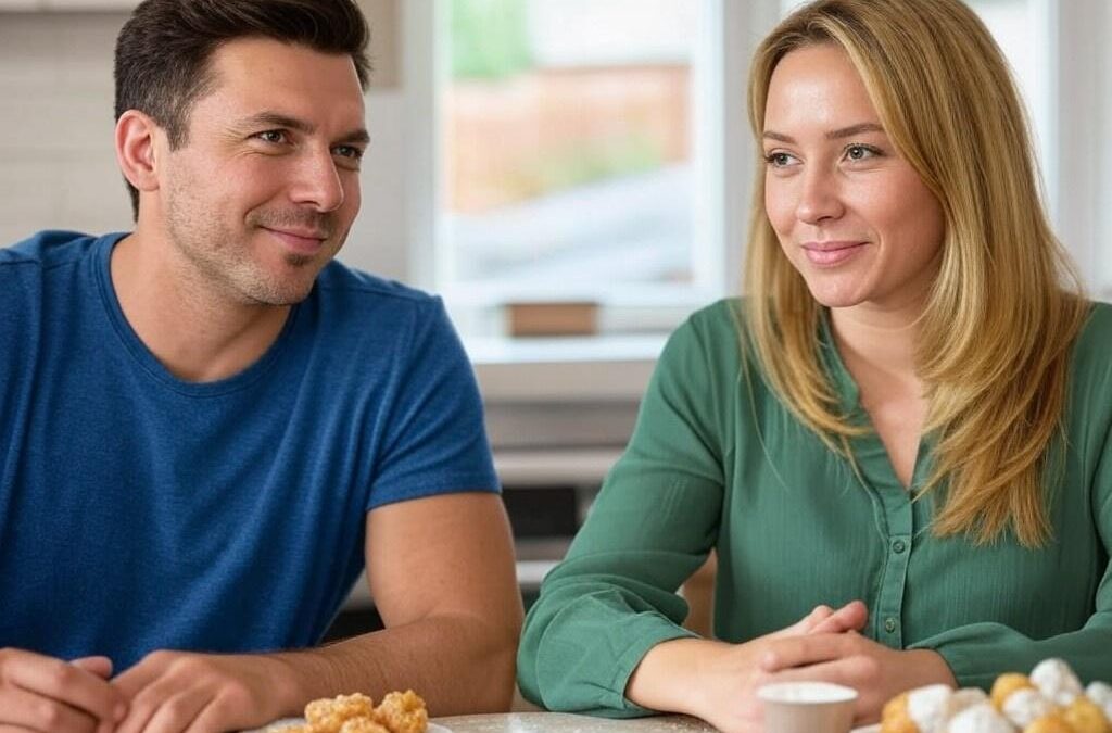 woman and man sitting at a table with sweet treats and coffee