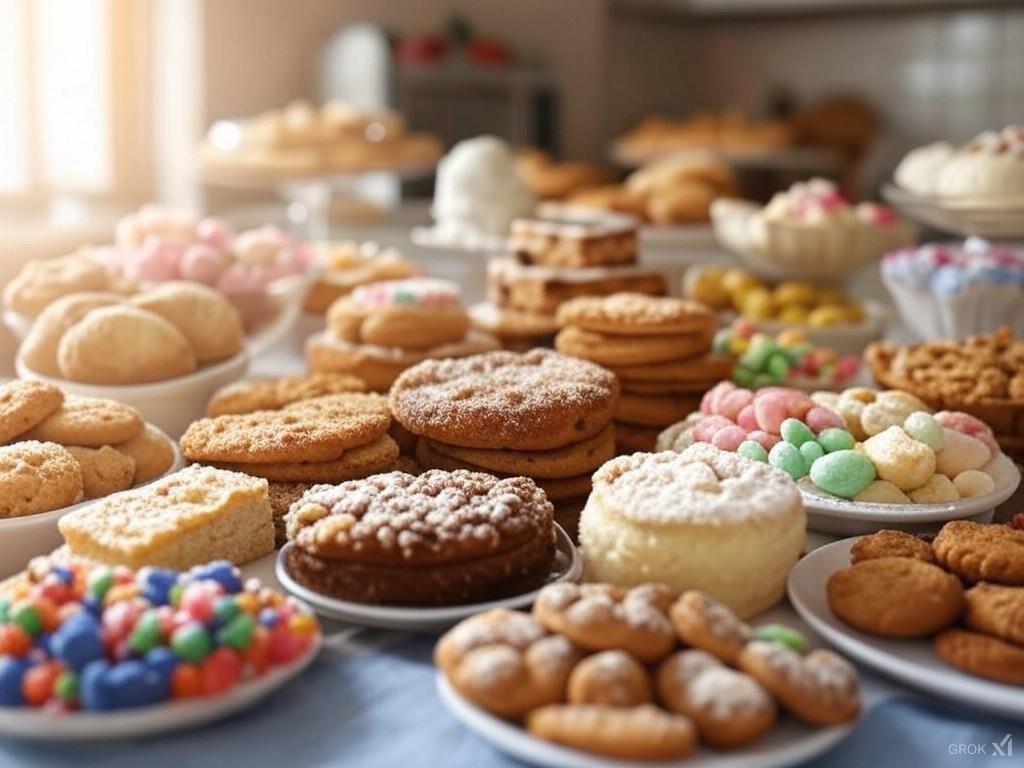 a table full of cookies and pastries