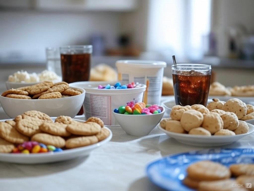 a table with plates of cookies and candy