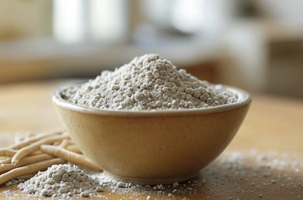 bowel of finely ground ashwagandha powder in a bowl on wooden table