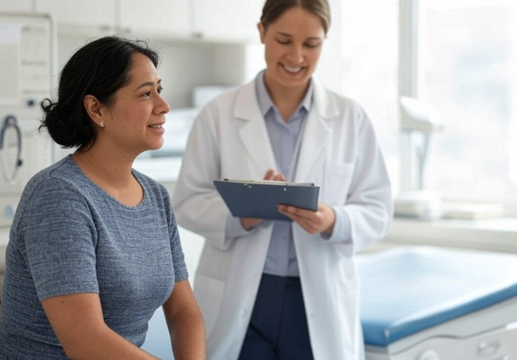 woman sitting on drs table while dr is checking off items on clipboard list