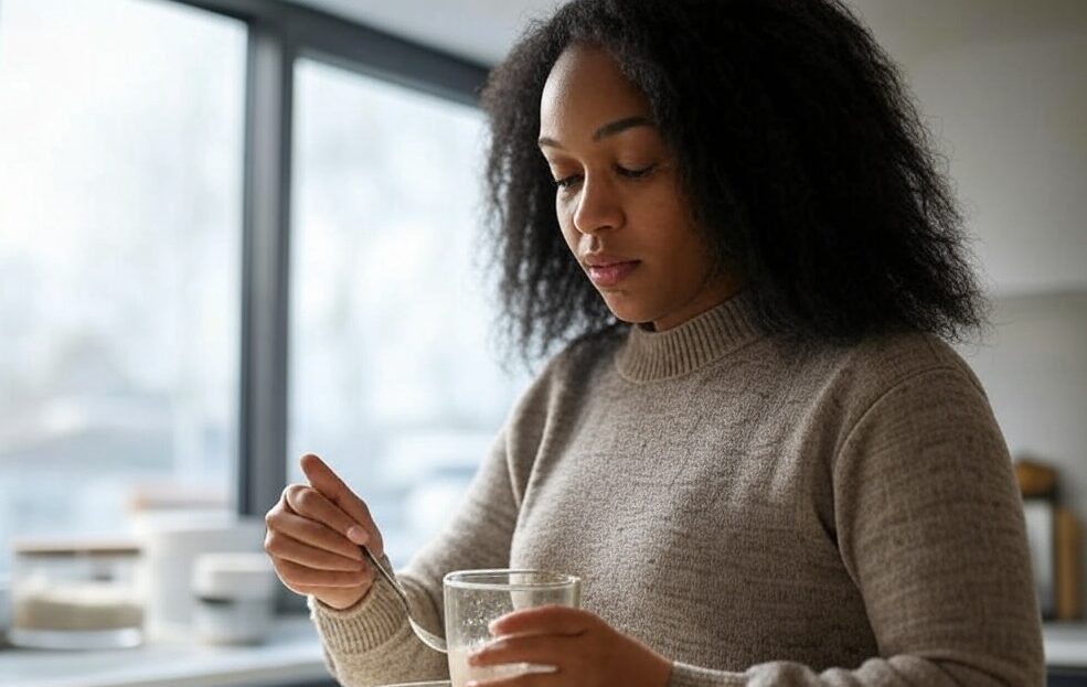 woman in her kitchen mixing a drink