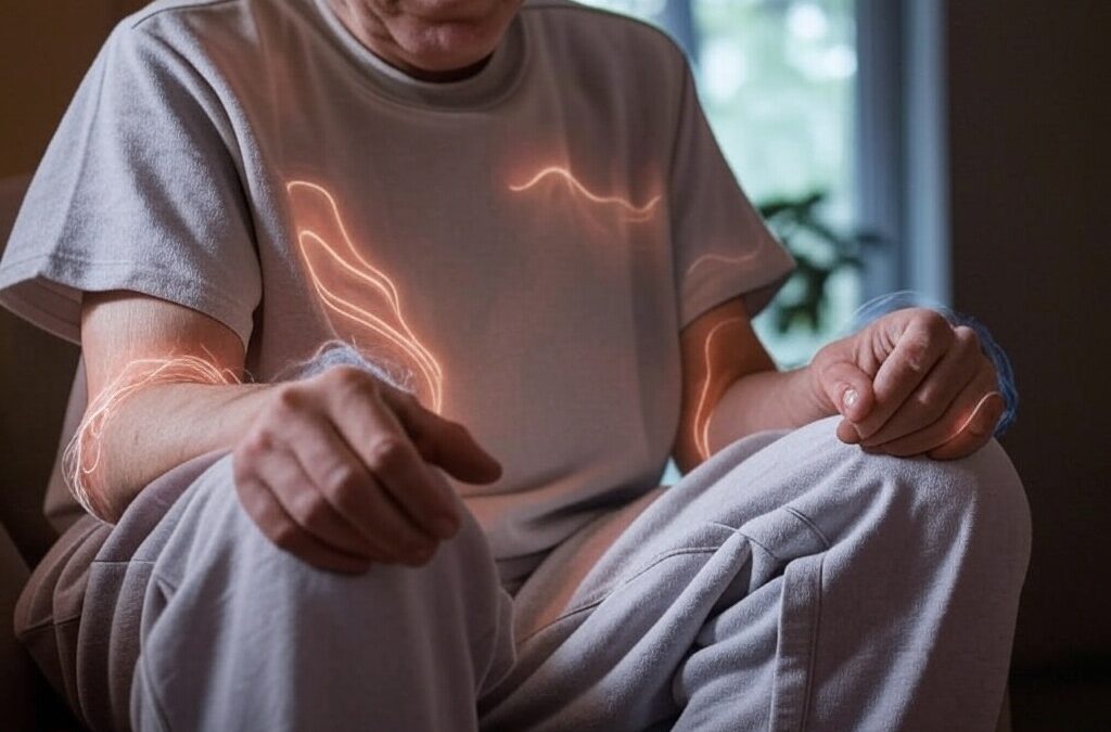 elder man with aching joints sitting down