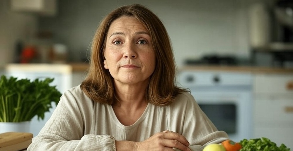 reluctant woman sits in her kitchen with veggies and fruits in front of her