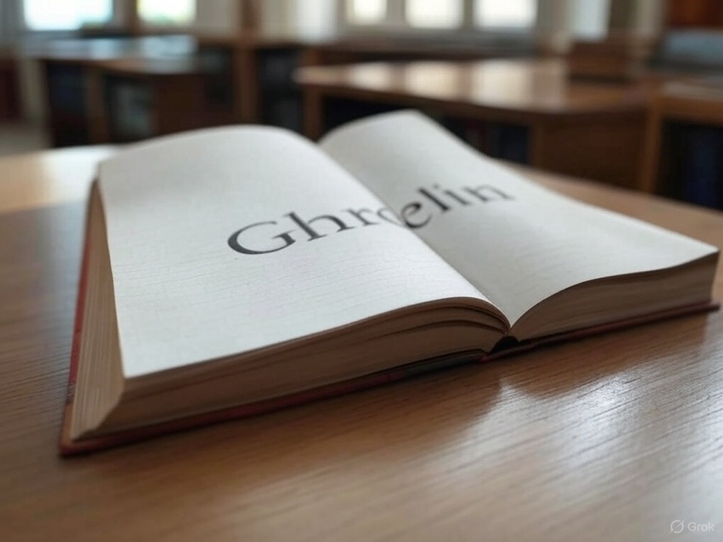 book with blank pages with the word ghrelin on them