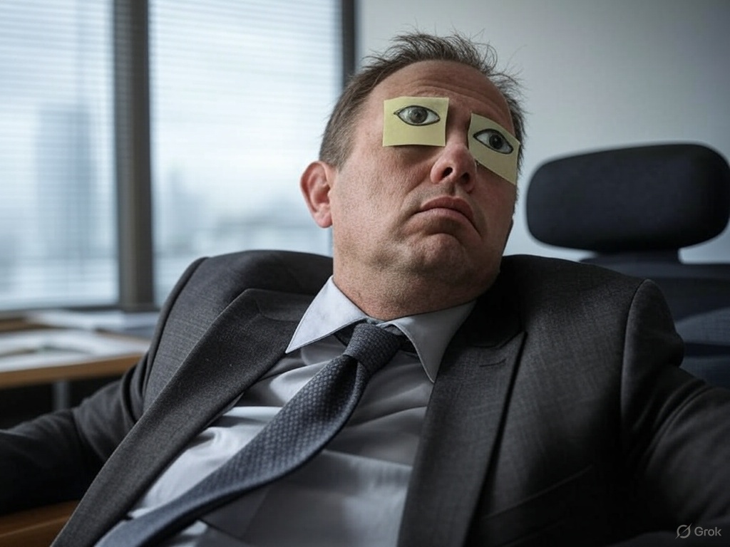 tired business man with sticky notes covering his closed eyes