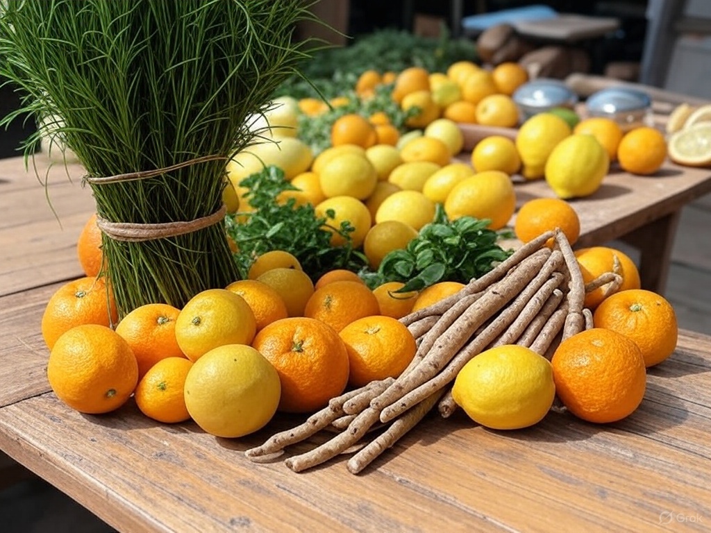 table with oranges, lemon, and ashwagandha root 